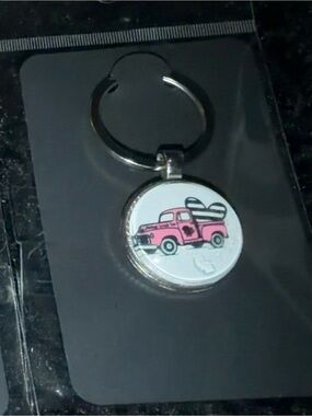 Chickup Truck logo on pink truck with striped heart keychain 🩵🛻🐥🩵